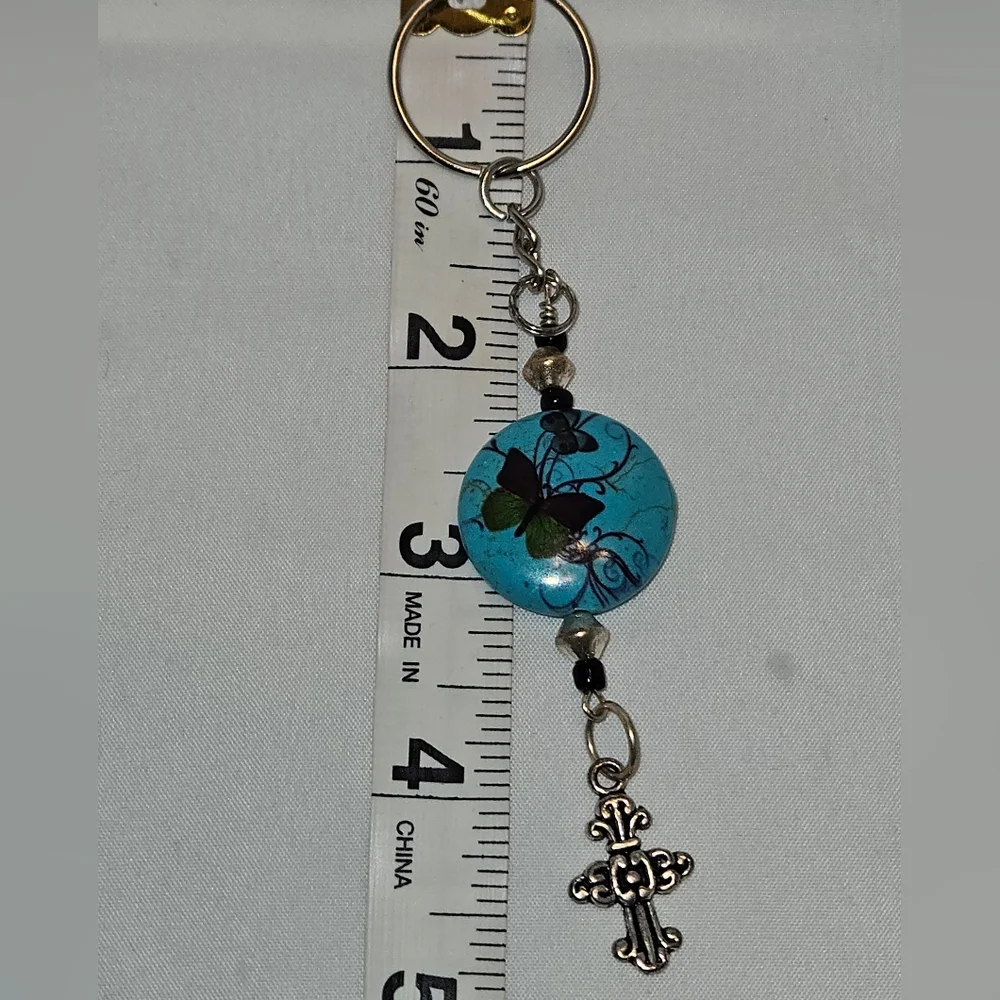 Handmade Turquoise Butterfly and Cross Keychain